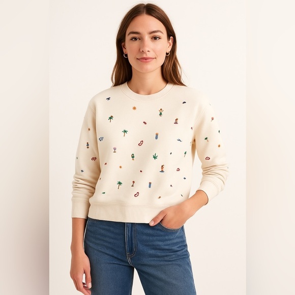 Madewell Tops - Madewell Embroidered Tropical Beach Vacation Motif Cream Sweatshirt Cotton XXS